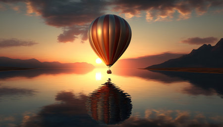 balloon flying into sunset over water. Generative AIの素材