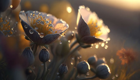 Beautiful wildflowers with dew drops at dawn. Generative AIの素材