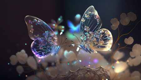 stunningly beautiful fairy wings Fantasy crystal glass glitter butterfly. Generative AIの素材