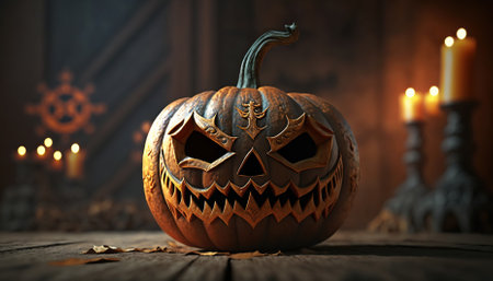 Halloween pumpkin head jack lantern on wooden background. Generative AIの素材