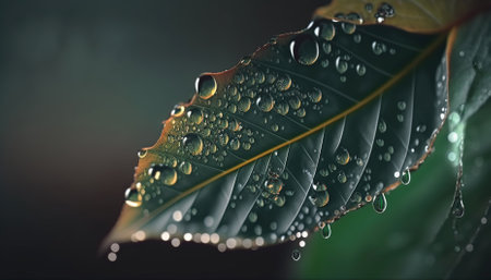 beautiful drops of transparent rain water on a green leaf macro. Generative AIの素材