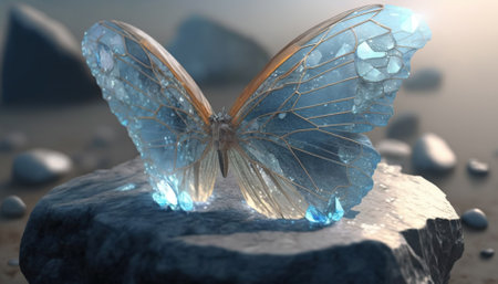 large stunningly beautiful fairy wings Fantasy crystal glass glitter butterfly sits on a light blue stone. Generative AIの素材