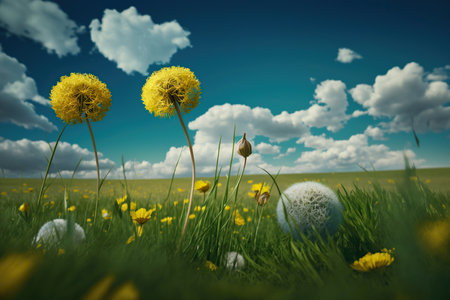 Beautiful meadow field with fresh grass and yellow dandelion flowers in nature against a blurry blue sky with clouds. Generative AIの素材