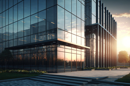 Modern glass wall commercial buildings exterior with citiscape view. Generative AIの素材