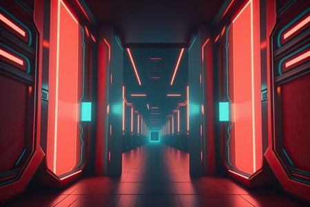 3d rendering of spaceship corridor neon glowing red background futuristic. Generative AIの素材
