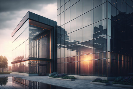 Modern glass wall commercial buildings exterior with citiscape view. Generative AIの素材