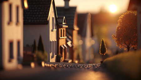 Macro View From the Street in Tiny Little Town before Sunset Time. Generative AIの素材