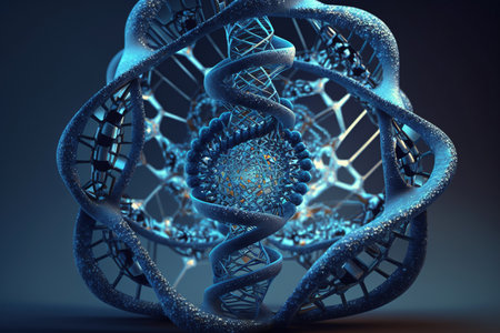 Blue chromosome DNA and gradually glowing flicker light matter chemical. Generative AIの素材