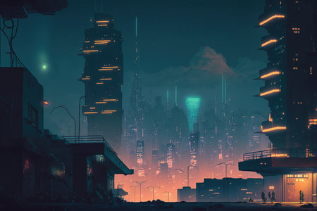 Cyberpunk city in retro futuristic style. Huge futuristic buildings with neon lights. Generative AIの素材