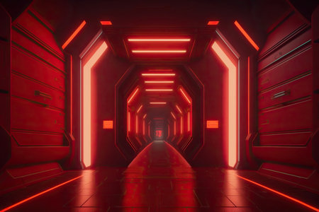 3d rendering of spaceship corridor neon glowing red background futuristic. Generative AIの素材