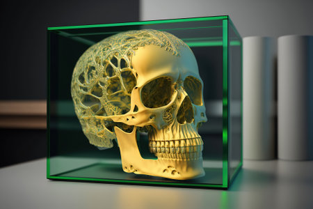 Skull model on a 3d printer in a glass box. Generative AIの素材