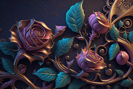 Beautiful purple fantasy rose flower with glowing color. Generative AIの素材