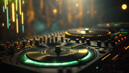 DJ Spinning, Mixing, and Scratching in a Night Club. Generative AIの素材