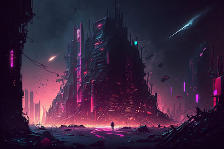 Cyberpunk city in retro futuristic style. Huge futuristic buildings with neon lights. Generative AIの素材