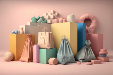 The shop is surrounded by shopping bags and clothes on a pastel background. Generative AIの素材