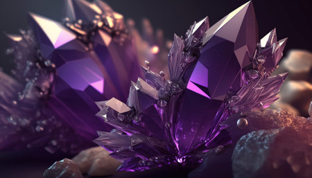 Background with amethyst crystals on dark background. Generative AIの素材