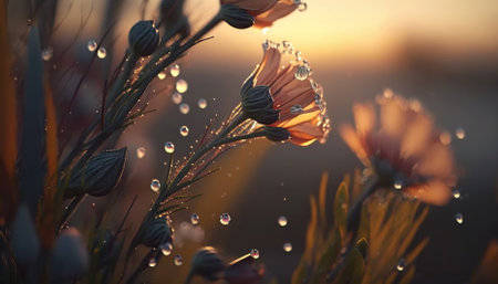 Beautiful wildflowers with dew drops at dawn. Generative AIの素材