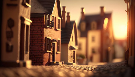 Macro View From the Street in Tiny Little Town before Sunset Time. Generative AIの素材