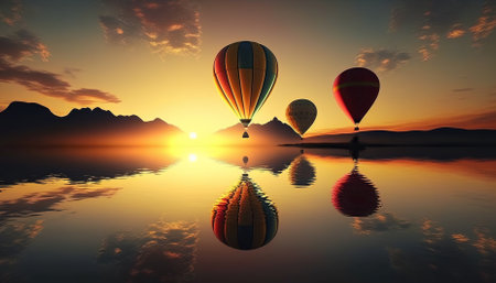 balloon flying into sunset over water. Generative AIの素材