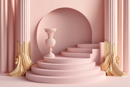 Realistic 3D sweet pink, white cylinder pedestal podium. Generative AIの素材