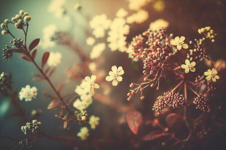 Beautiful nature scene with blooming chamomiles in sun flares. Generative AIの素材