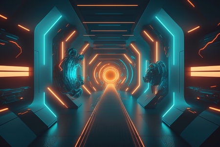 A breathtaking illustration of a futuristic tunnel with neon lights. Generative AIの素材