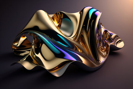 abstract 3d rendering, wavy iridescent metallic shape above the water with reflection. Generative AIの素材