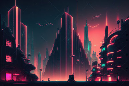 Cyberpunk city in retro futuristic style. Huge futuristic buildings with neon lights. Generative AIの素材
