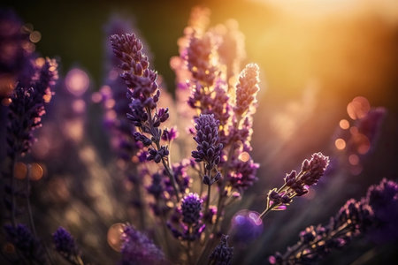 Selective focus on lavender flower in flower garden, lavender flowers lit by sunlight. Generative AIの素材