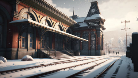 train stop at railway station in a heavy snow day. Generative AIの素材