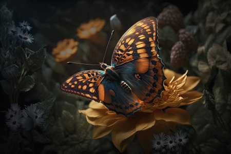 Beautiful butterfly sitting on flower in a summer garden. Generative AIの素材