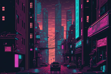 Beautiful neon night in a cyberpunk city. Generative AIの素材