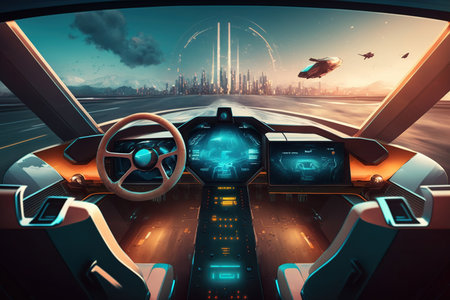 Cockpit of futuristic autonomous car. Generative AIの素材