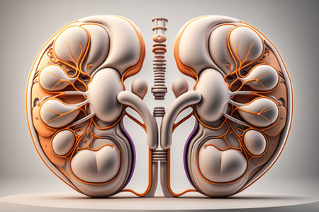 Human kidney cross section on scientific background. Generative AIの素材