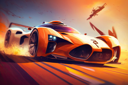 Futuristic Sports Car On Neon Highway. Powerful acceleration of a supercar on a night track with colorvful lights and trails. Generative AIの素材