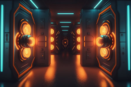 Sci fi neon glowing lamps in a dark corridor. Generative AIの素材