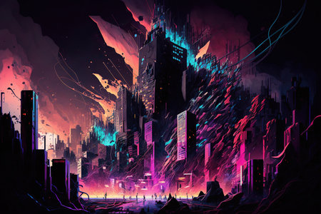 Beautiful neon night in a cyberpunk city. Generative AIの素材