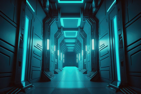 3d rendering of spaceship corridor neon glowing blue background futuristic. Generative AIの素材