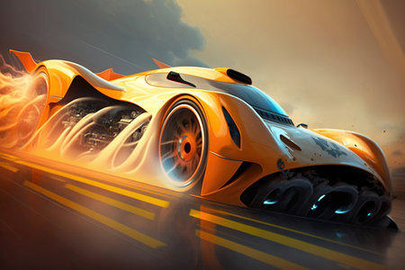 Futuristic Sports Car On Neon Highway. Powerful acceleration of a supercar on a night track with colorful lights and trails. Generative AIの素材