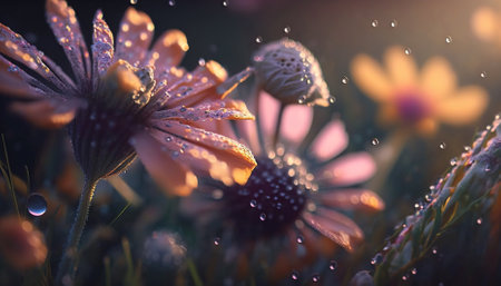 Beautiful wildflowers with dew drops at dawn. Generative AIの素材