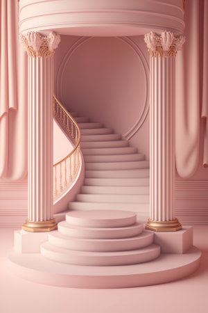 Realistic 3D sweet pink, white cylinder pedestal podium. Generative AIの素材