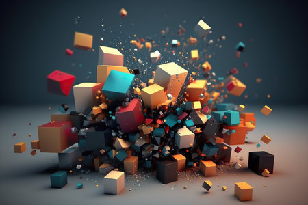 Abstract 3d rendering of chaotic particles. Colored cubes in empty space. Generative AIの素材