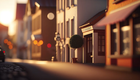 . Generative AIMacro View From the Street in Tiny Little Town before Sunset Timeの素材