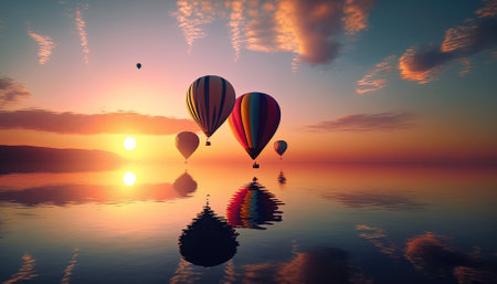 colorful hot air balloons flies in glowing sunset sky above calm sea. Generative AIの素材
