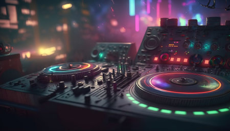 DJ Spinning, Mixing, and Scratching in a Night Club. Generative AIの素材