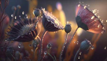 Beautiful wildflowers with dew drops at dawn. Generative AIの素材