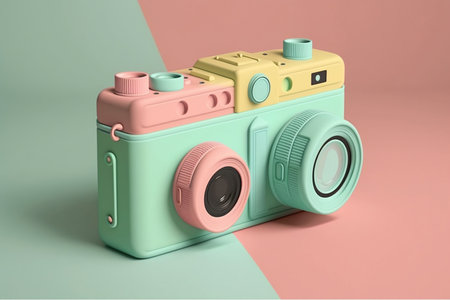 pastel camera surrounded by colorful balls on a pink background, 3D render, Colorful background. Generative AIの素材