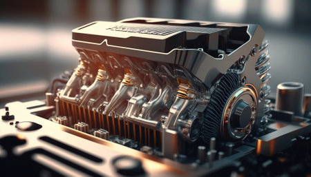 Powerful engine closeup. Clean motor block. Generative AIの素材