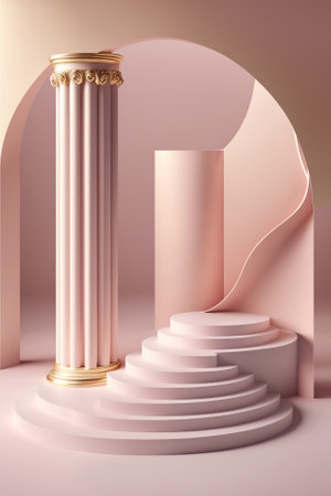 Realistic 3D sweet pink, white cylinder pedestal podium. Generative AIの素材