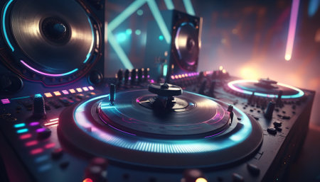 Dj mixes the track in nightclub at party. Generative AIの素材